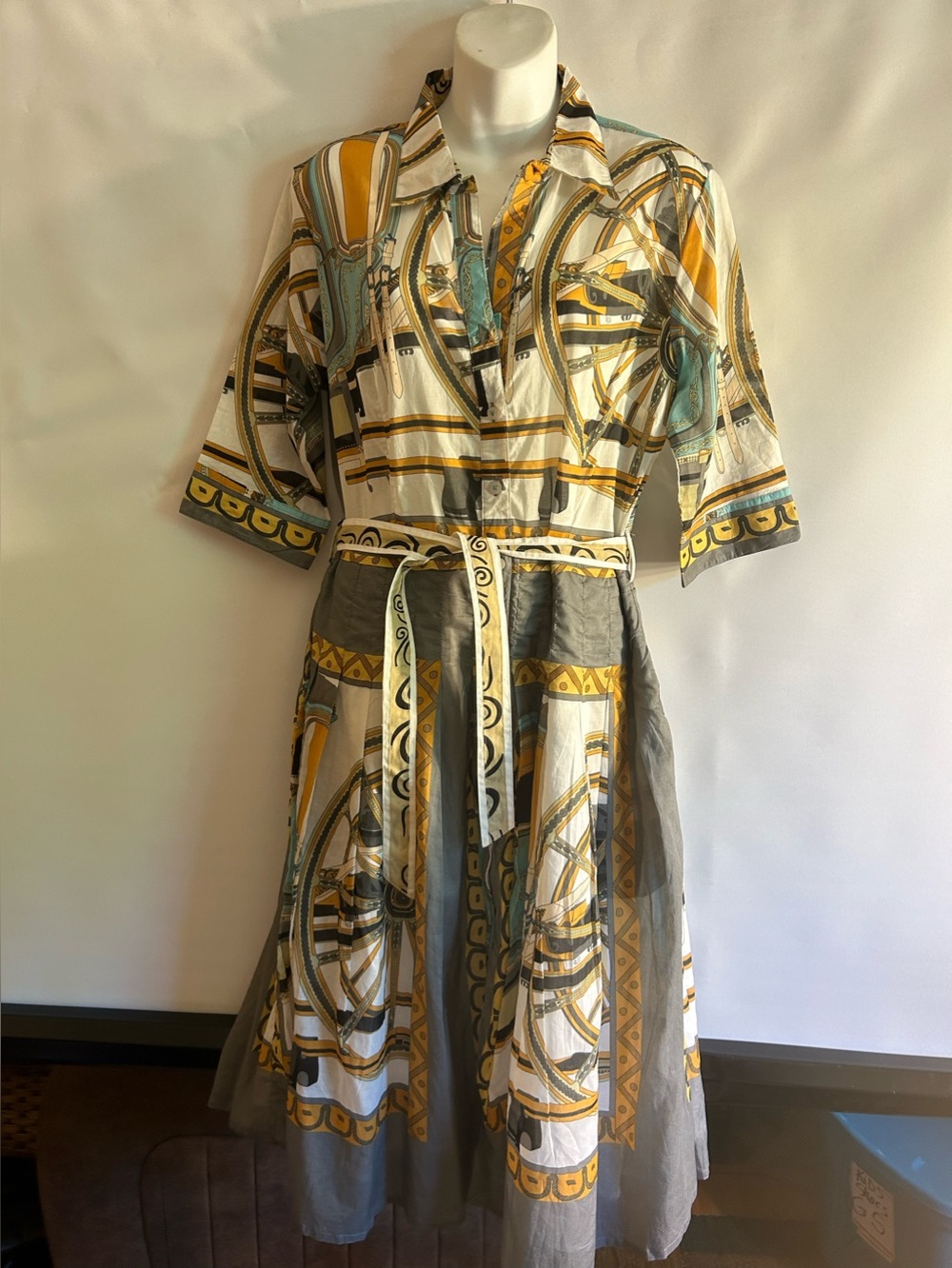 DIZZY LIZZIE MRS.MAISEL DRESS TURQUOISE & YELLOW MULTI WAGON WHEEL PRINT SIZE L